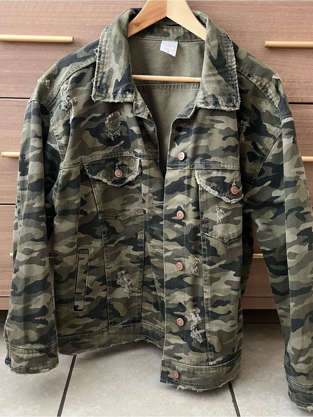 No Boundaries Green Camo Distressed Jean Jacket